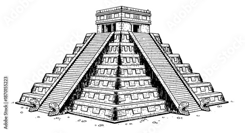 Ancient Mayan pyramid temple detailed illustration of a historic stepped structure in black and white