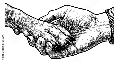 Human Hand and Dog Paw Shaking Hands Showing Friendship and Trust in Engraved Black and White Art Style