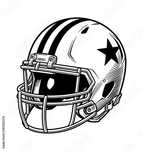 American Football Helmet with Star and Stripes in Detailed Engraving Style Black and White Vector Illustration