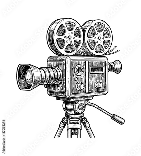 Vintage Movie Camera with Film Reels on Tripod Detailed Engraved Style Black and White Art