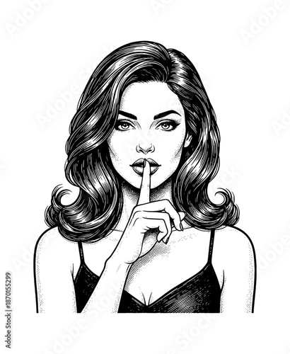 Alluring woman with long wavy hair making a shush gesture with finger on lips looking at viewer illustration