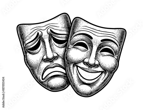 Engraved Comedy and Tragedy Masks Illustrating Happy and Sad Expressions in Detailed Black and White Line Art