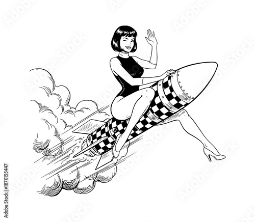 Pinup Woman Waving and Winking While Riding a Checkerboard Rocket with Smoke Trail in a Dynamic Fun Pose