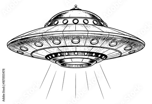 Vintage Flying Saucer UFO Spaceship Illustration with Light Beams in Detailed Black and White Outline