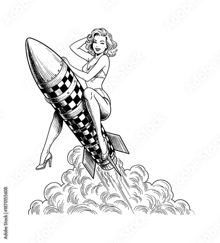 Pinup woman with blonde hair smiling confidently while riding a checkered rocket launching into sky in classic comic illustration
