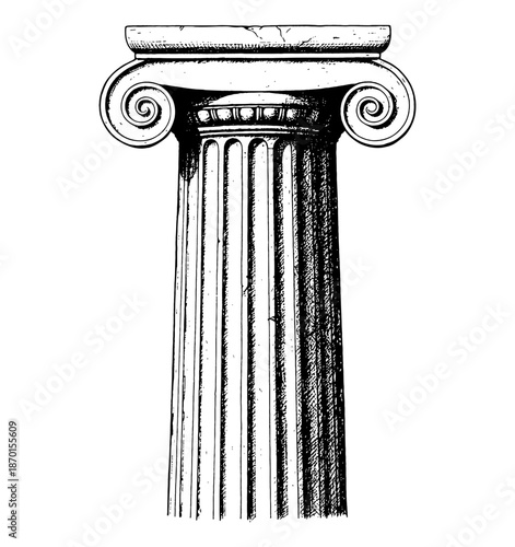 Classical Ionic Column Capital with Scrolls in Detailed Black and White Line Art Drawing Style