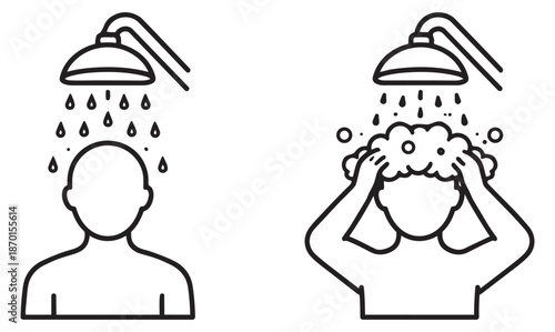 Line art hygiene icons set featuring a person showering and washing their hair for daily routine concepts