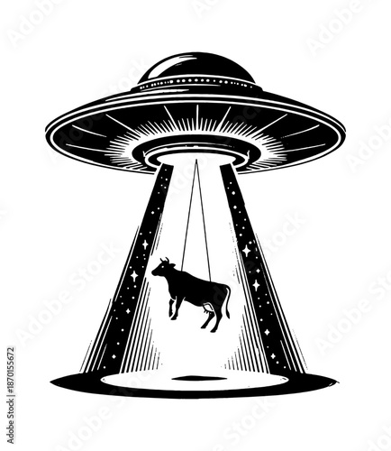 Flying Saucer Abducting a Cow with a Bright Light Beam in a Classic Black and White Outline Style