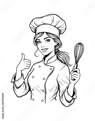 Happy Caucasian female chef giving thumbs up holding a whisk in professional uniform black and white line art