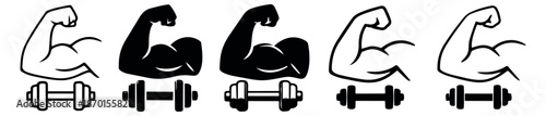 Minimalist gym icon set featuring flexing biceps and dumbbells for strength training and workout designs