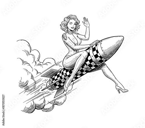 Happy pinup woman winking and waving while riding a launching rocket with smoke and checkerboard pattern