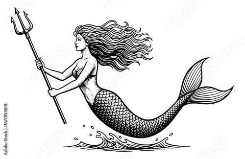 Mythical Mermaid Holding Trident with Flowing Hair and Scaly Tail in Classic Black and White Engraved Art