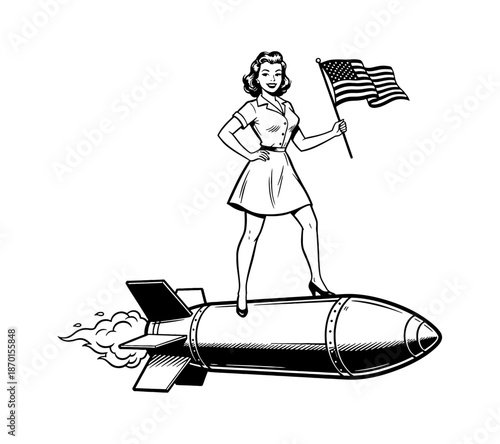 Confident Caucasian woman smiling standing on a flying bomb holding an American flag in retro style illustration