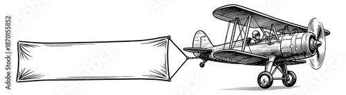 Vintage Biplane Aircraft Flying with Pilot Towing Blank Banner in Engraving Style Black and White Line Art