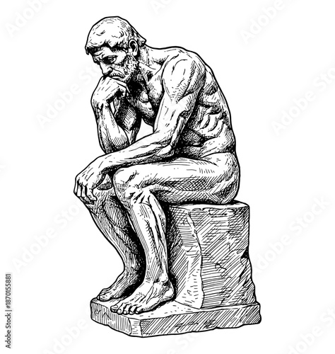 Nude male statue sitting in pensive thought with a reflective expression detailed line art illustration