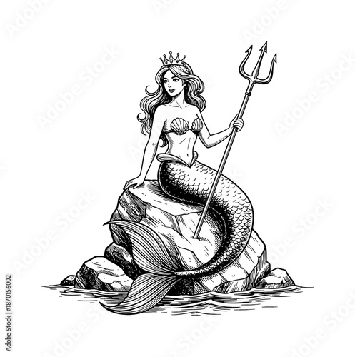 Majestic mermaid queen with crown and trident sitting gracefully on ocean rocks in vintage line art