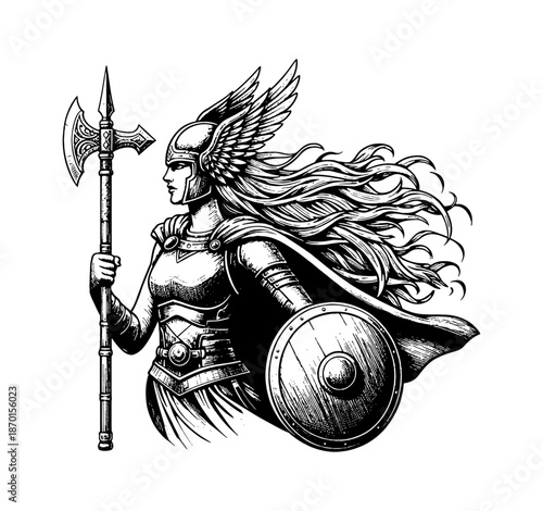 Determined Valkyrie Warrior Woman Holding Axe and Shield with Flowing Hair in Detailed Black White Illustration