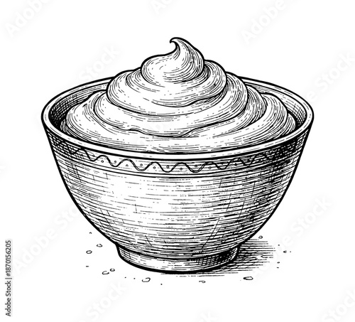 A bowl of rich creamy dessert topping in an intricate detailed vintage engraving style illustration