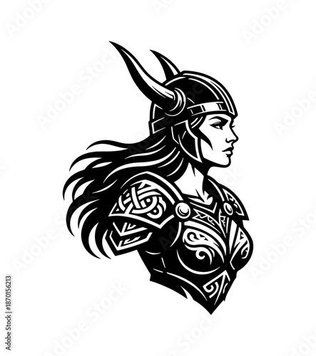 Powerful Viking woman warrior with long flowing hair and horned helmet looking determined in a detailed vector illustration