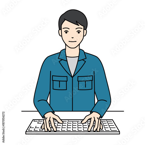 Male worker in blue work clothes typing on keyboard