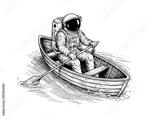 Astronaut rowing a small wooden boat on rippling water in a detailed black and white line art illustration