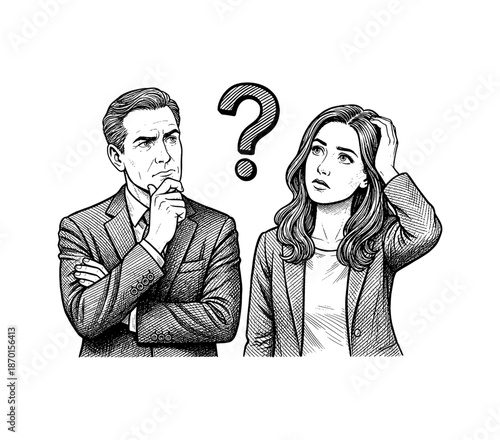 Caucasian business man and woman looking confused thinking with a question mark above them in a thoughtful and puzzled mood