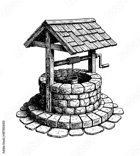Classic Rustic Stone Water Well with Wooden Roof and Bucket Detailed Engraved Illustration Black and White