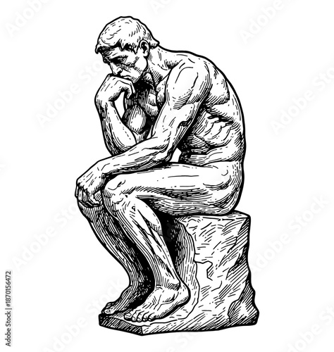 Engraved black and white illustration of a thoughtful male figure sitting in a classic pose contemplating