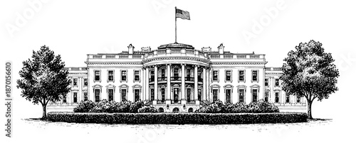 Iconic White House Building Exterior View with American Flag and Lush Landscaping Detailed Drawing