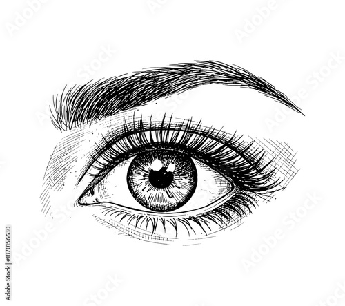 Detailed Black and White Drawing of a Human Eye with Eyelashes and Eyebrow Artistic Line Art