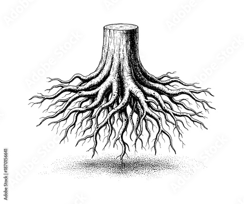 A detailed black and white illustration of a tree stump with many exposed roots spreading out downwards