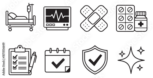 Modern line art medical and health icon set featuring a hospital bed, heart monitor, bandages, medicine, and check marks for healthcare and wellness applications