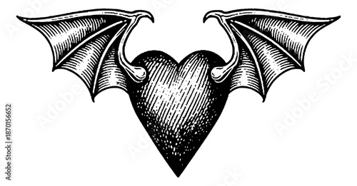 Black and White Engraving Style Heart with Bat Wings Symbol Classic Vector Design