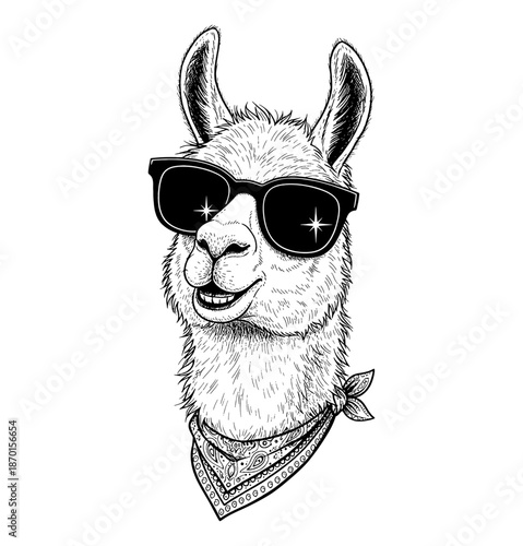 A cool llama wearing sunglasses and a bandana smiling with a confident expression in a detailed black and white illustration