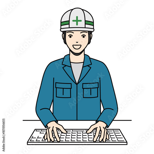 Smiling male worker in blue uniform and helmet typing on keyboard