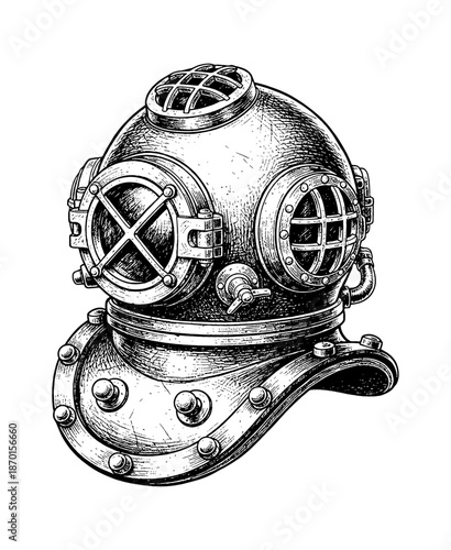 Vintage Diving Helmet Detailed Black and White Engraving Style Illustration for Deep Sea Exploration