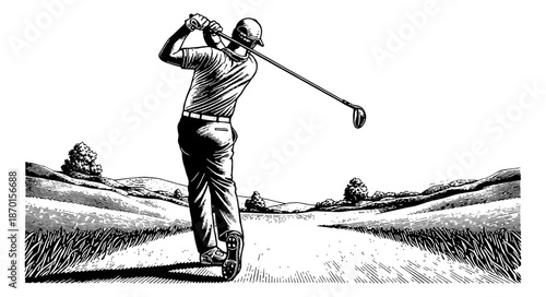 Man Engaged in Powerful Golf Swing on Scenic Green Golf Course in Detailed Black White Engraved Style