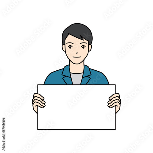 Male worker in blue uniform holding empty white board
