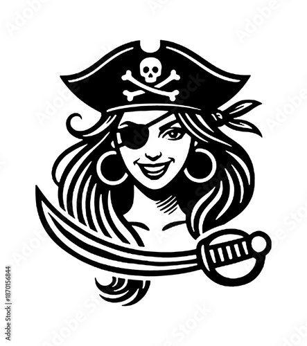 Happy Smiling Woman Pirate Character with Eyepatch Hoop Earrings and Skull Crossbones Hat Holding Sword Black White Vector
