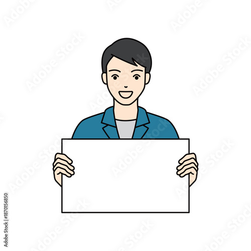 Smiling male worker in blue uniform holding blank white board
