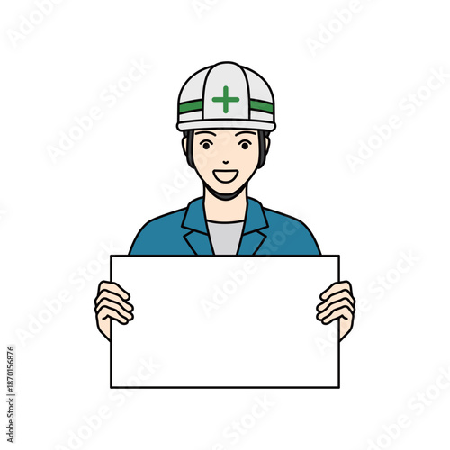 Smiling male worker in uniform and helmet holding blank sign