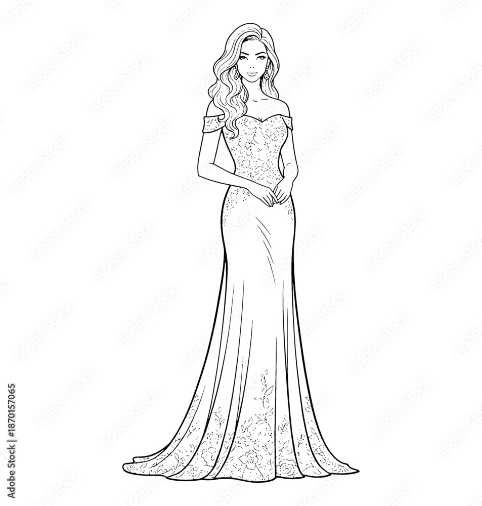 Fototapeta premium Beautiful Caucasian woman in elegant off shoulder lace gown with long wavy hair and calm expression