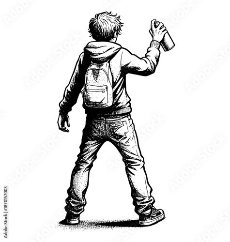 Young man from behind holding a spray can wearing a hoodie and backpack ready to create graffiti art