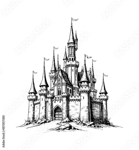 Detailed fairytale fantasy castle black and white illustration with many spires flags and grand gate