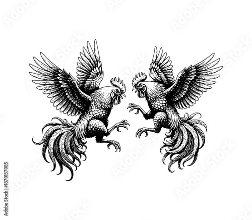 Furious fighting roosters illustration with spread wings and open beaks ready to attack black and white