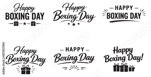 Hand drawn lettering Boxing Day set featuring 'Happy Boxing Day' phrases, gift boxes and stars for festive promotions