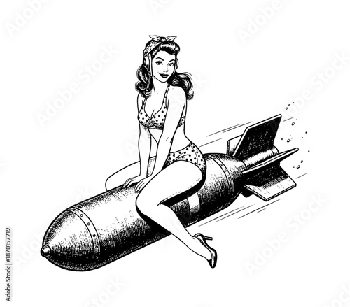 Smiling Caucasian pinup woman rides a flying bomb with confidence retro illustration