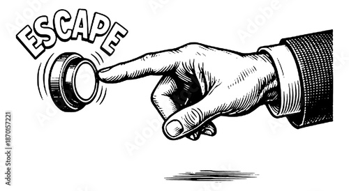Person's hand in a suit cuff urgently pressing an escape button with the word ESCAPE clearly visible
