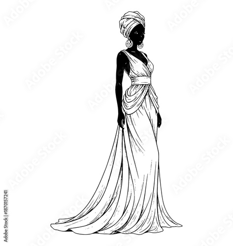 Elegant African Woman Posing in a Long Flowing Gown with a Stylish Turban and Large Earrings in Line Art
