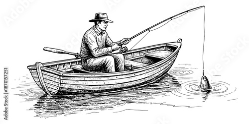 A Caucasian man in a hat is focused on fishing from a small boat catching a fish in the water vintage style